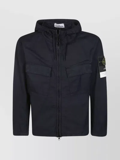 Stone Island Cotton Hooded Jacket Chest Pockets In Blue