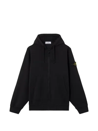 Stone Island Double-layer Hood Drawstring Zip Sweatshirt With Vertical Pockets And Ribbed Cuffs In Black