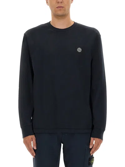 Stone Island Blue Crewneck Sweater With Logo Patch In Cotton Man