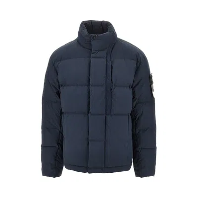 Stone Island Cotton Nylon Tela Down Jacket With Iconic Patch In Blue