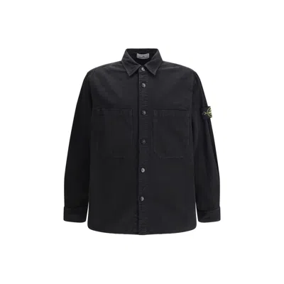 Stone Island Men S Panama Cotton  Old  Effect Overshirt In Black