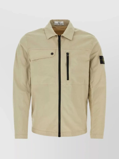 Stone Island Cotton Shirt With Stand Collar And Elasticated Cuffs In Beige