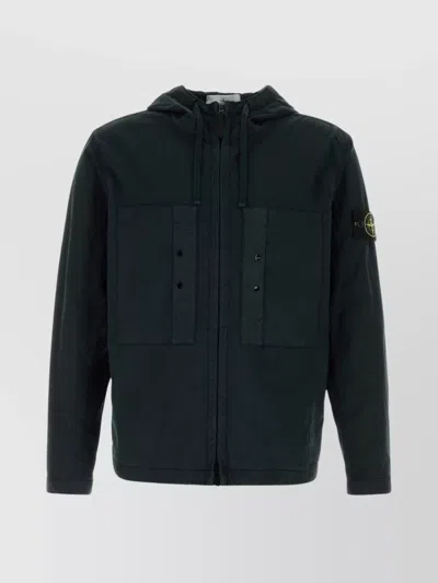 Stone Island Cotton Stretch Jacket With Hood And Pockets In Black