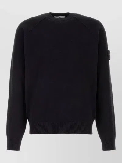Stone Island Cotton Sweater Patch Sleeve Ribbed Trims In Black