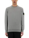 Stone Island Men Grey Ribbed Knit Crewneck Sweater With Logo Patch On The Sleeve In Wool Man In Gray