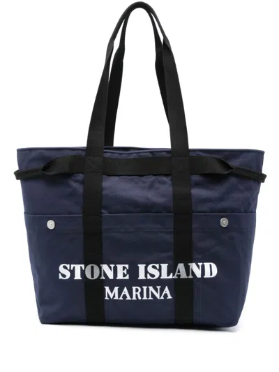 Stone Island Cotton Tote Handbag For Men In Blue In Navy