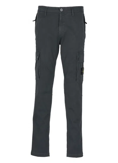 Stone Island Logo Cotton Slim Trousers In Blue