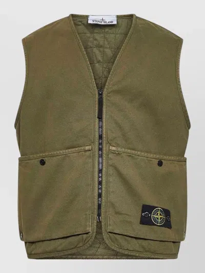 Stone Island Cotton Vest V Neck Multiple Pockets In Green