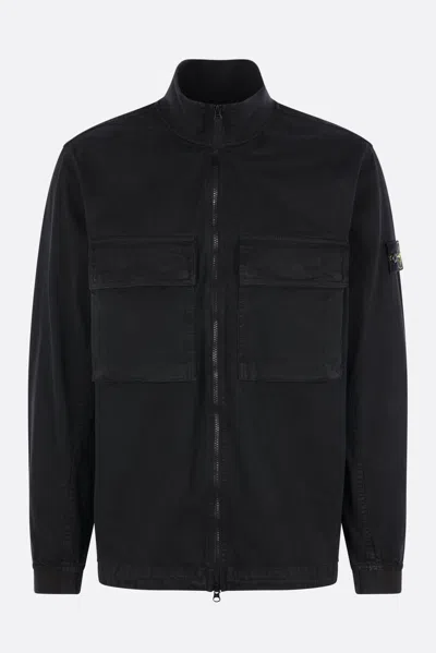 Stone Island Cotton-elastane Zip Overshirt Jacket With Buttoned Pockets In Black
