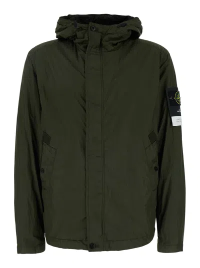 Stone Island Creancle Green Jacket With Hood And Logo Patch On The Sleeve In Tech Fabric Man In Military Green
