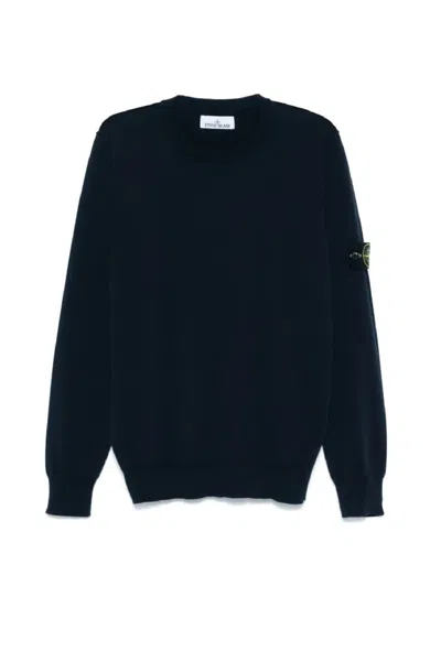 Stone Island Crew Neck Black Sweater With Ribbed Cuffs In Blue