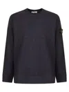 Stone Island Crew Neck Blue Sweater With Textured Fabric And Logo Patch In Black