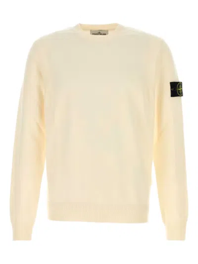 Stone Island Crew-neck Wool Blend Sweater With Ribbed Accents In Neutral