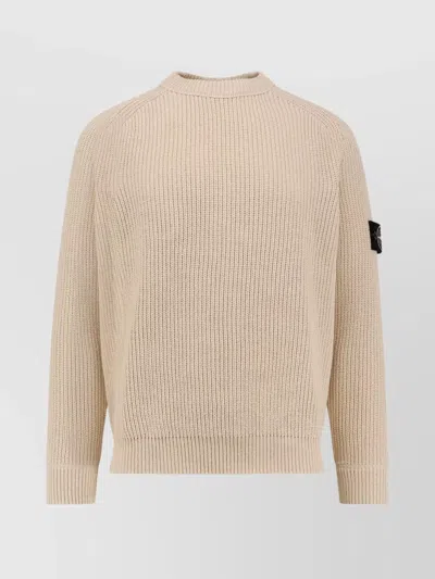 Stone Island Crew-neck Cotton Sweater With Removable Logo Patch In Neutral