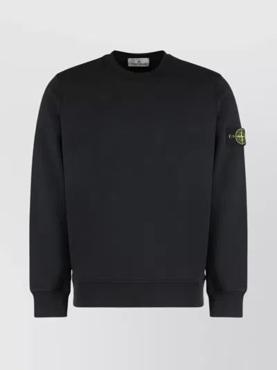 Stone Island Crew Neck Cotton Sweatshirt With Ribbed Cuffs In Black