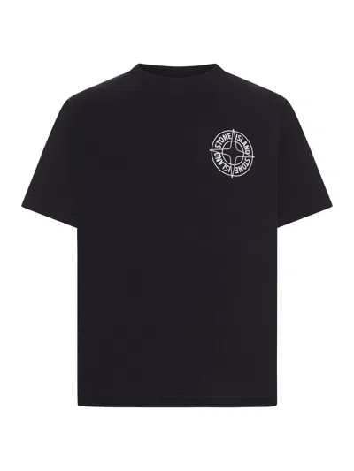 Stone Island Crew Neck Cotton T-shirt With Print In Black