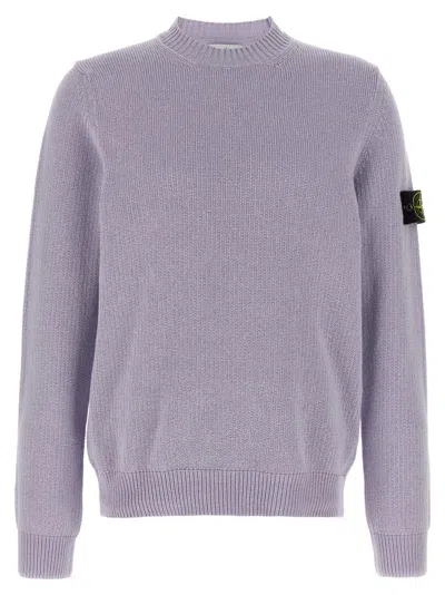 Stone Island Crew Neck Logo Badge Sweater In Soft Knitted Cotton In Purple