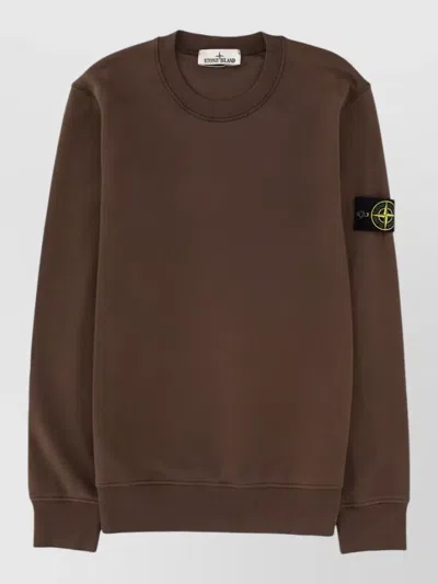 Stone Island Crew Neck Long Sleeve Sweatshirt Ribbed Cuffs Hem In Brown