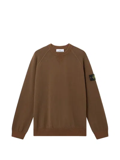 Stone Island Compass Logo Patch Organic Cotton Crewneck Sweatshirt In Brown