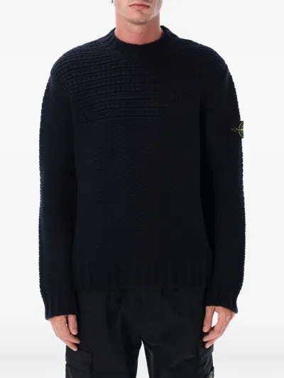 Stone Island Wool Mock Neck Jumper With Ribbed Trims In Blue