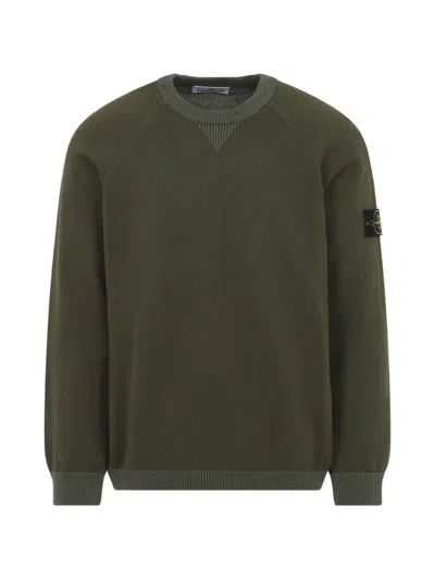Stone Island Ribbed Cotton Giro Neck Sweatshirt In Green