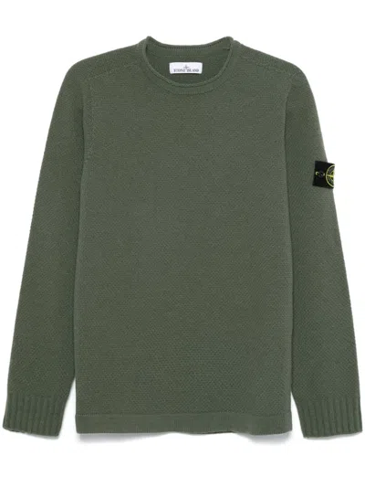 Stone Island Green Wool Crewneck Sweater With Logo Patch In Verde