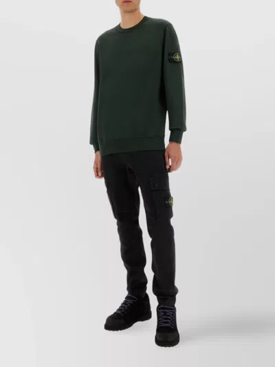 Stone Island Crew Neck Sweater Ribbed Cuffs In Green