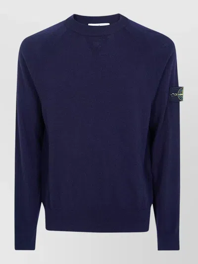 Stone Island Crew Neck Sweater Ribbed Cuffs Hem In Blue