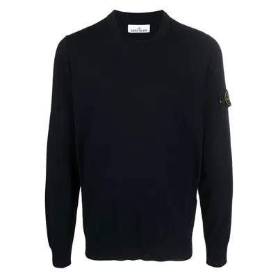 Stone Island Crew Neck Wool Sweater With Signature Patch Detail In Black