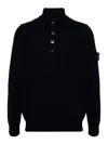 Stone Island High Collar Pullover With Buttoned Placket And Logo Patch In Azul