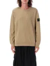 Stone Island Compass Patch Rib Virgin Wool Crewneck Sweater In Biscotto