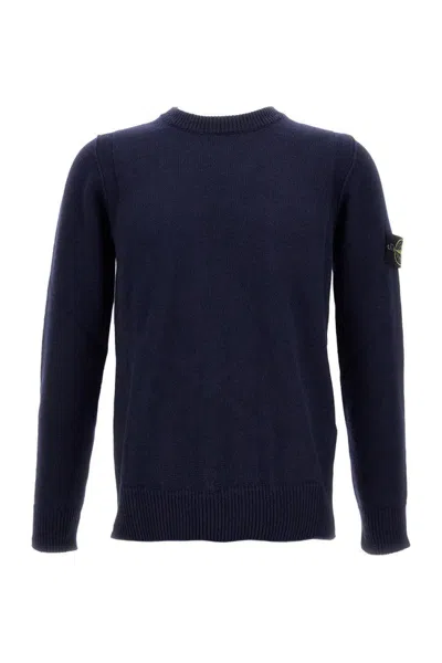 Stone Island Crewneck Knit With Ribbed Details In Blue