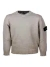 Stone Island Long-sleeved Round-neck Sweater In Warm Cotton With Badge On The Left Sleeve In Neutral