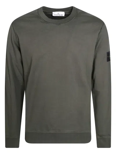 Stone Island Crewneck Olive Green Ribbed Sweatshirt In Multi