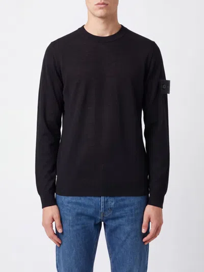 Stone Island Crewneck Virgin Wool Jumper With Compass Logo Patch In Black