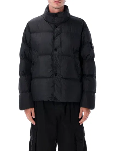 Stone Island Crinkle Bomber Jacket With Logo Sleeve Badge In Black