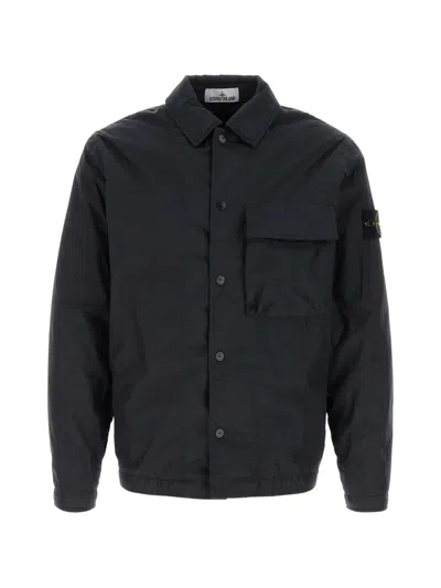 Stone Island Nylon Jacket Long Sleeves Elasticated Hem Chest Pocket In Black