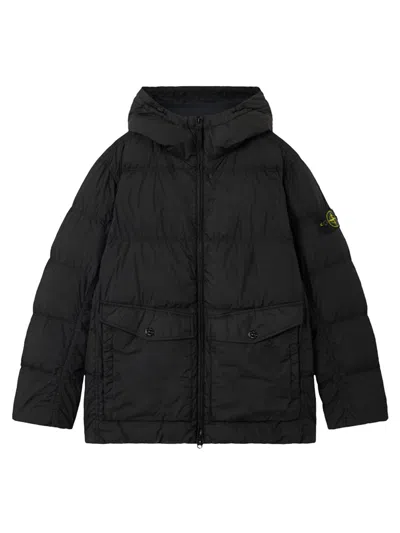 Stone Island Crinkle Reps Ny Hooded Down Jacket In Recycled Nylon In Black