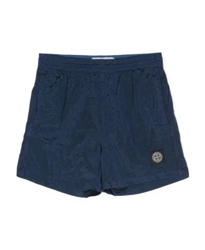 Stone Island Crinkled Logo-patch Shorts In Blue