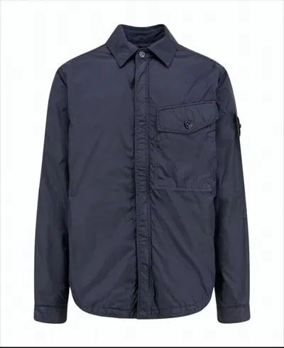 Stone Island Crinkled Texture Navy Jacket With Distinctive Patch In Blue