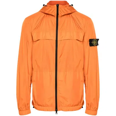 Stone Island Crinkled Texture Zip-up Jacket With Hood In Orange