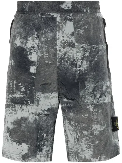 Stone Island D Camo Logo-patch Shorts In Grey