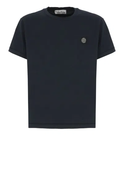 Stone Island Dark Blue Cotton T-shirt Featuring Iconic Logo Patch
