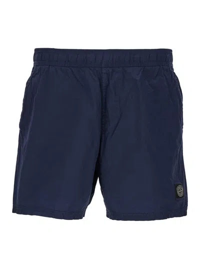 Stone Island Dark Blue Wrinkled Effect Swimsuit In Technical Fabric Man In Multicolor
