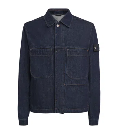 Stone Island Denim Biker Jacket In Blue