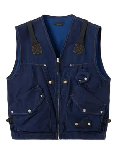 Stone Island Indigo Blue Zip Vest In Cotton Blend