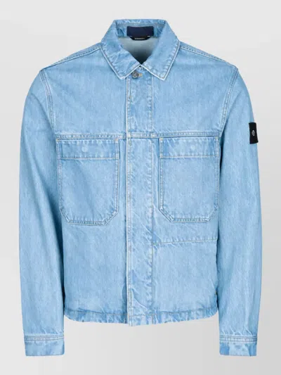 Stone Island Light Bull Denim Biker Jacket In Blue