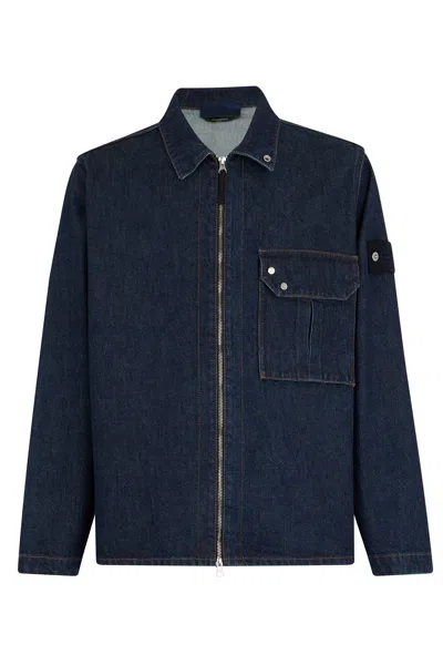 Stone Island Denim Jacket With Zipper In Blue