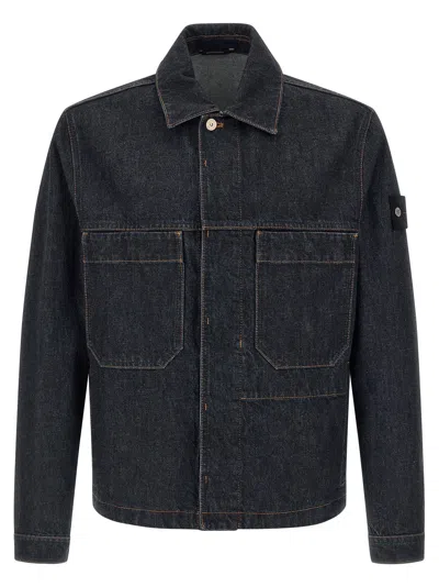 Stone Island Denim Research Patch Chest Pocket Cotton Overshirt With Concealed Snap In Blue