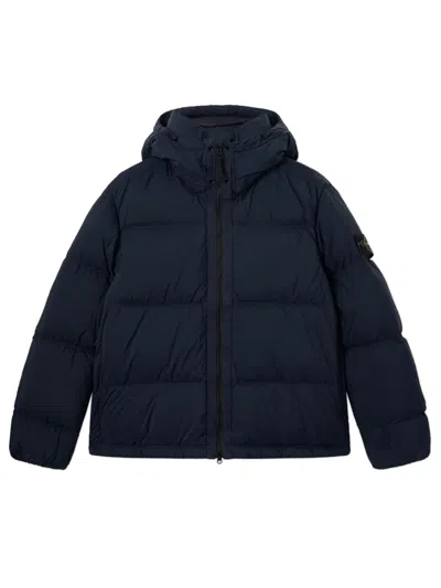 Stone Island Detachable Hooded Jacket With Zip And Snap Closure In Blue